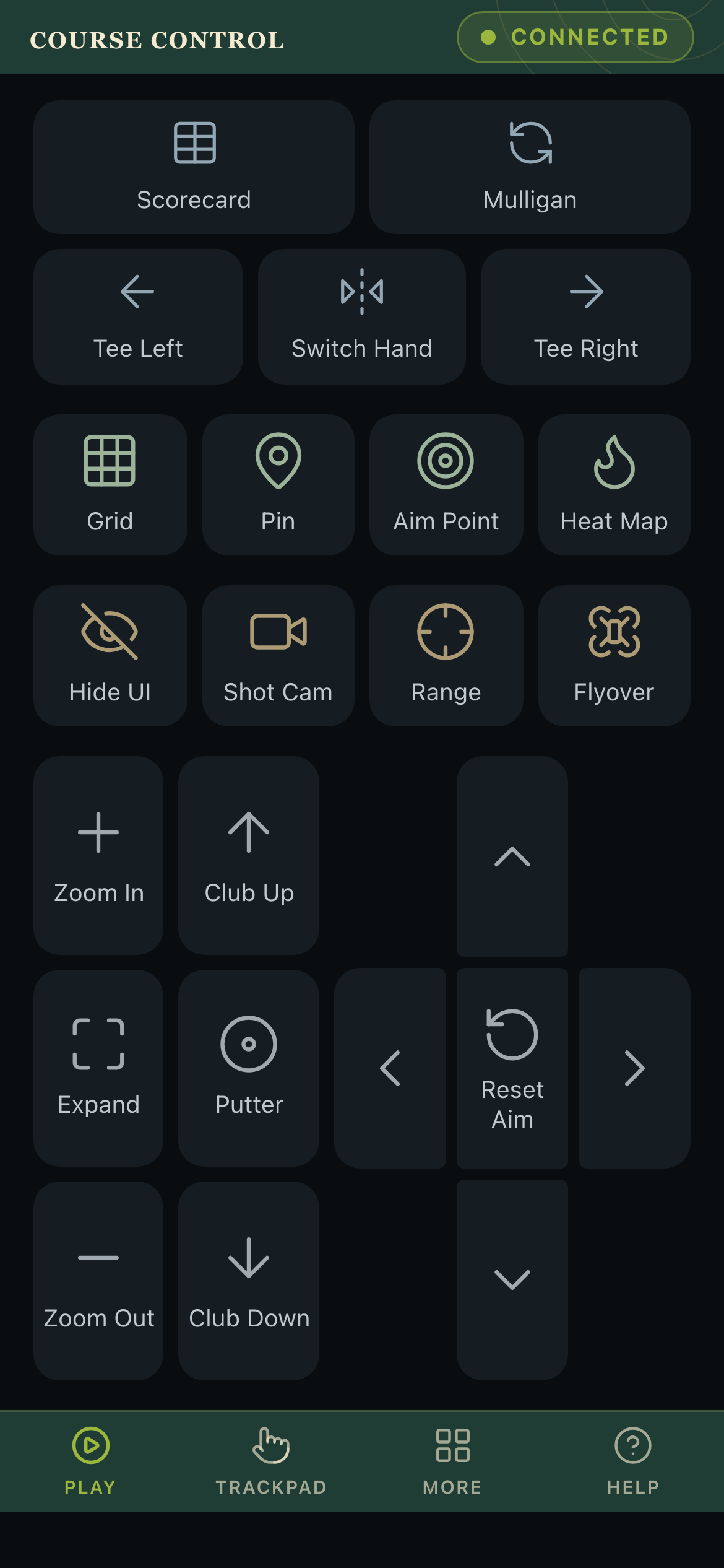 Course Control GSPro remote on iPhone showing Heat Map, Flyover, Tee Left/Right and many more GSPro controls as labeled buttons