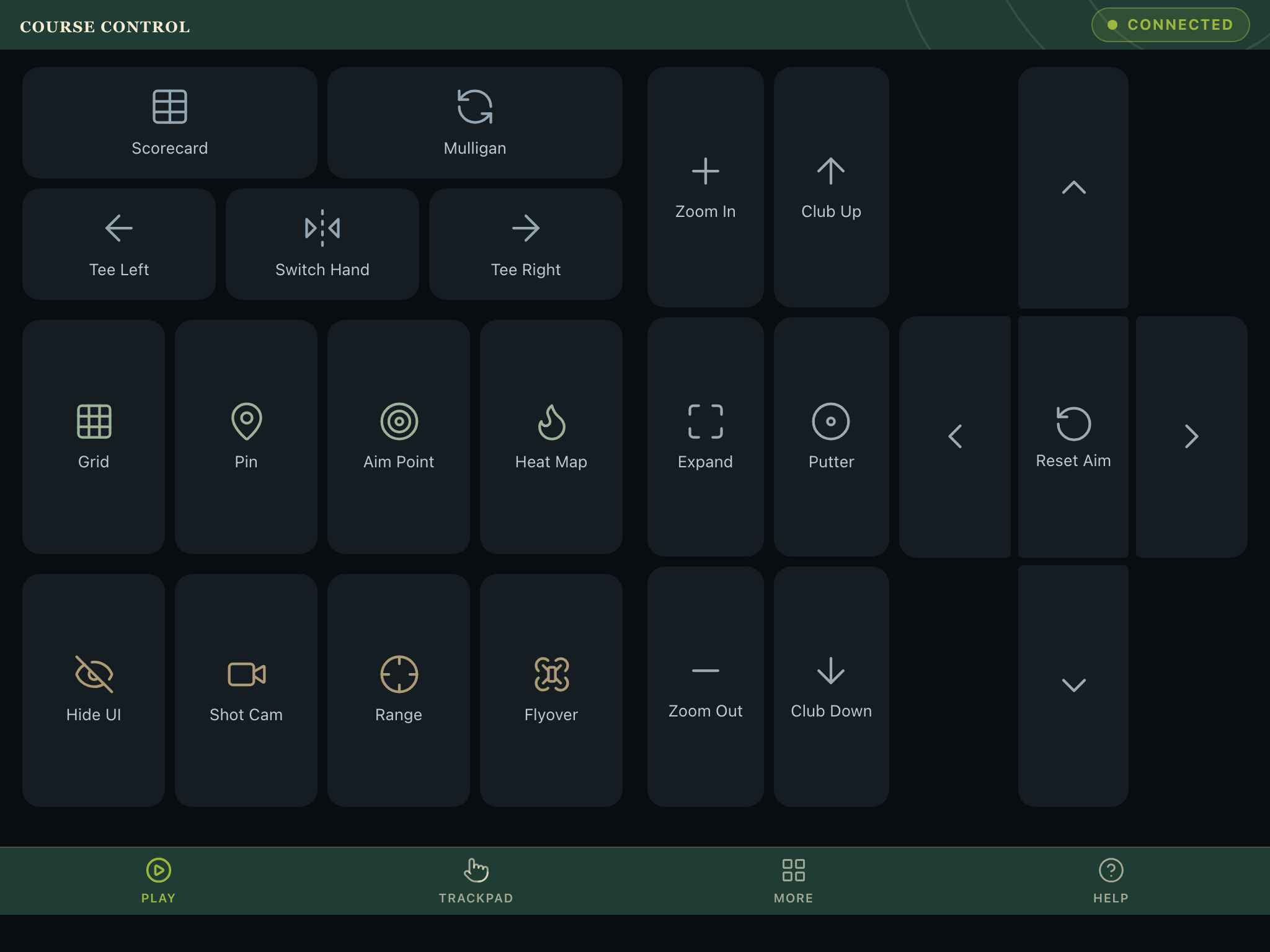 Course Control GSPro remote on iPad in landscape showing the full control grid: Scorecard, Tee Left/Right, Grid, Pin, Heat Map, Shot Cam, club and aim controls